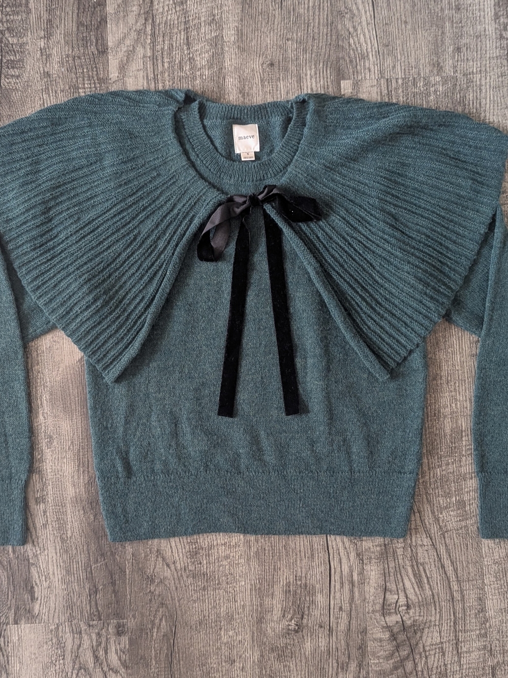 Maeve Teal Ribbed Cape Sweater with Black Velvet Bow